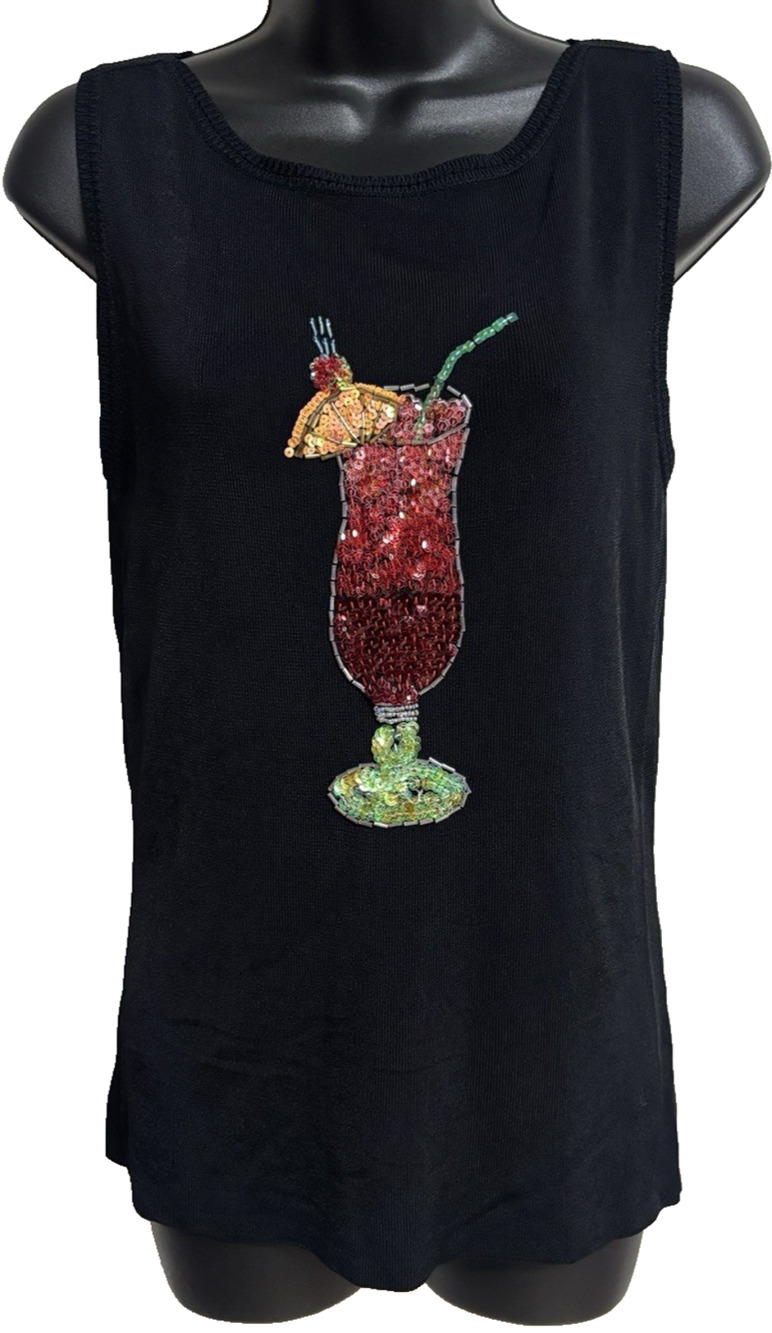 Sweaterworks Women Black Tank Top Size Medium Sequin Cocktail Drink Knit Stretch